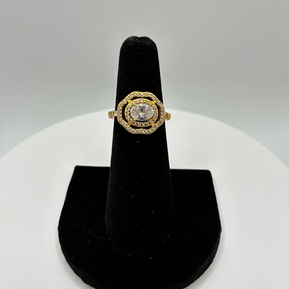 Bomb Party Ring Women Size 5 Gold Double Halo Oval Cubic Zirconia Statement - Picture 1 of 6